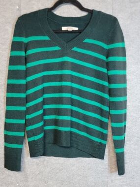 LOFT Green and Teal Striped V-Neck Sweater